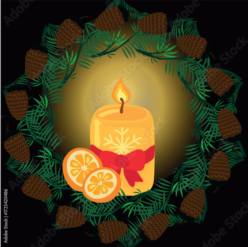 Christmas card with a candle and a fir tree. Frame circle of fir branches and cones vector art. In the center is a scented candle with orange slices. A Christmas story on a black background.