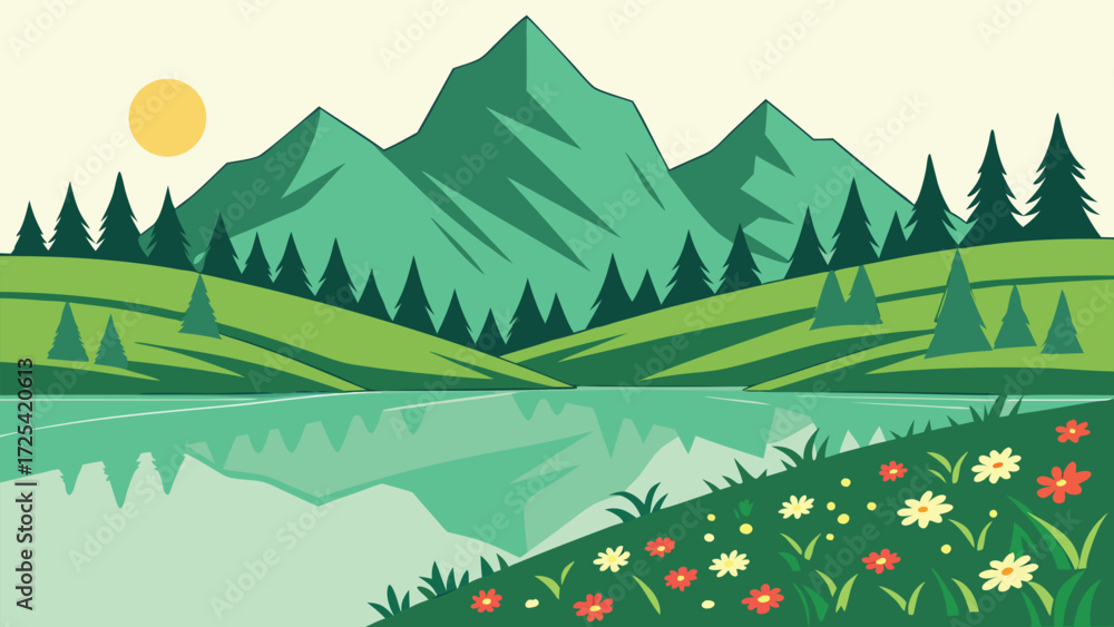 Fototapeta premium A sun shines above the mountains that are reflected in the calm lake waters