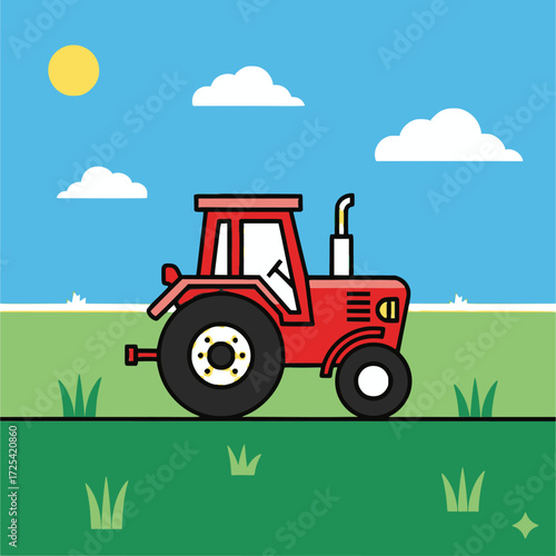 Bright Red Tractor On Green Farm Field Under A Sunny Blue Sky With Clouds