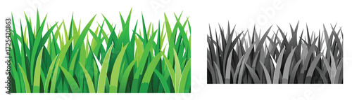 Vibrant Green Grass Border and Its Monochrome Counterpart, Nature Field. These vector pictograms of a nature, field, lawn, growth, plant, fresh, spring, summer, isolated, border, natural, illustration