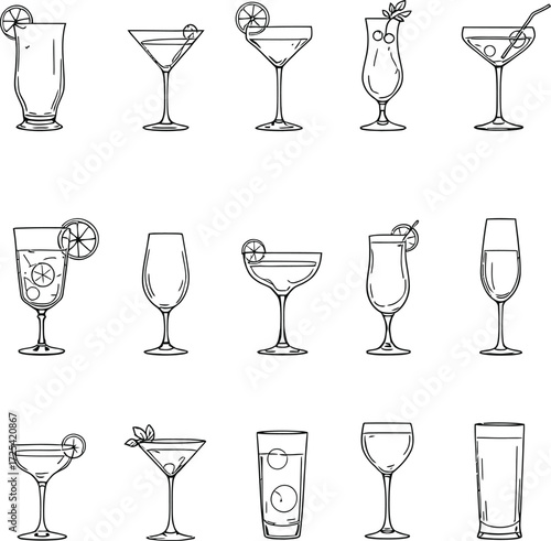 Cocktail and drink glass icon set in black vector style featuring 16 unique barware designs with garnish and liquid details