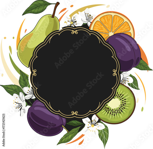 Display your fresh products with this vibrant fruit border featuring oranges pears and plums