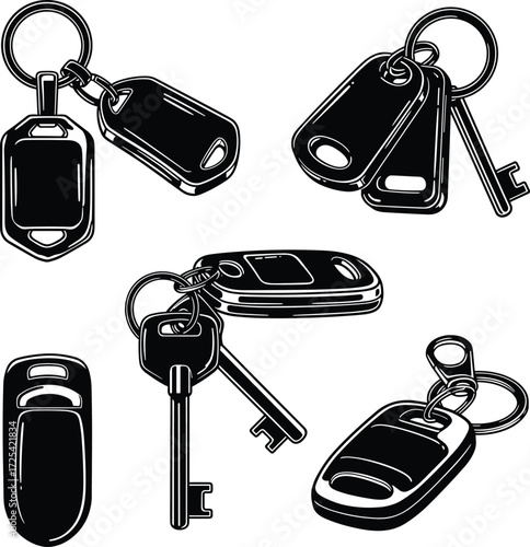 Vector illustration set of car keys, keychains, and remote key fobs in multiple styles, isolated icons for automotive security design