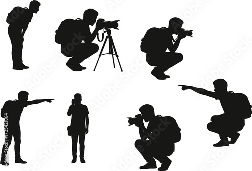 Photography silhouettes, outdoor photographer, tripod setup, camera posture, nature exploration, creative hobby, human gesture, lifestyle art, backpack travel