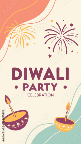 Creative Diwali party flyer with colorful sparklers and diyas illustration on bright background