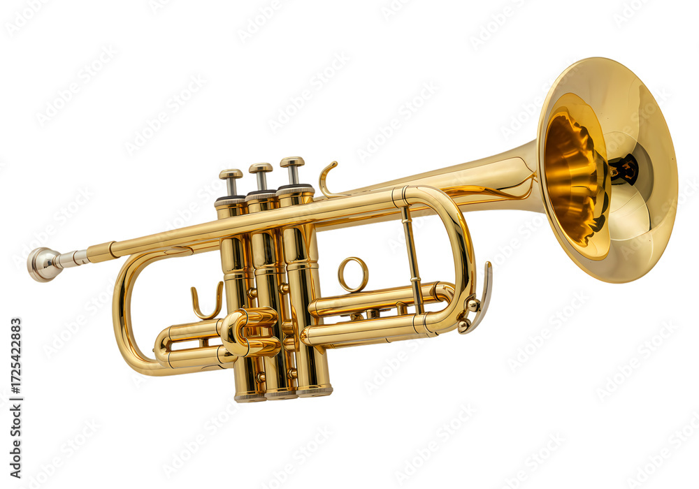 Fototapeta premium Shiny Gold Trumpet; Musical Instrument Close-up on White Background isolated on transparent background