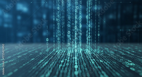 Abstract digital rain of blue binary code flowing downwards on a futuristic grid