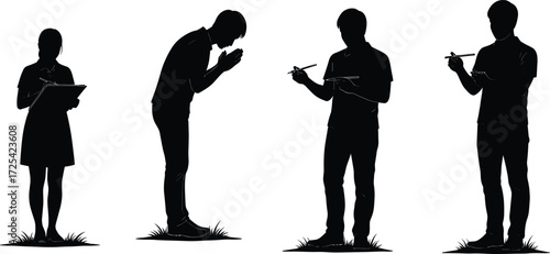 Silhouettes of writing, clipboard posture, bowing gesture, human activity, creative hobby, lifestyle art, body language, professional study, gesture illustration