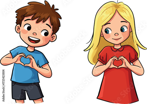 Cartoon boy and girl making hand heart gesture, cute children illustration, love symbol, friendship drawing, happy kids, adorable character design