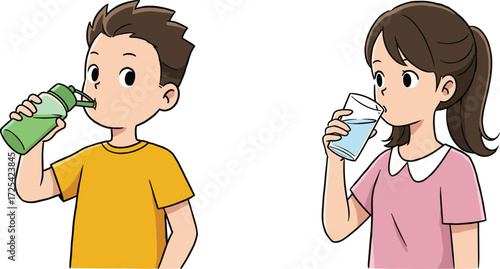 Cartoon boy drinking water bottle, cute girl holding glass, healthy hydration concept, children illustration, vector design, lifestyle artwork, wellness drawing