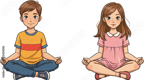 Cartoon children practicing meditation, cute boy and girl sitting cross legged, mindfulness, yoga, relaxation, peaceful kids, calm, balance, focus