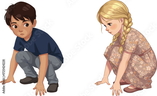Illustration of boy crouching, girl squatting, thoughtful children pose, cartoon vector art, childhood expression, character design, sitting position, playful kid artwork