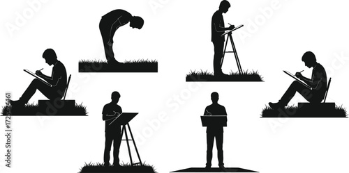 Drawing silhouettes, outdoor sketching, writing posture, artist with sketchpad, creative hobby, human gesture, lifestyle art, ergonomic study, field illustration