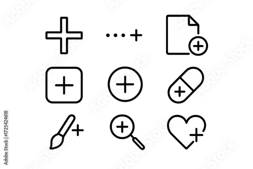 Design elements featuring plus symbols in various styles and applications for creative projects