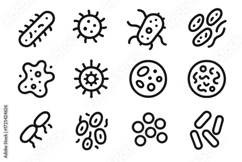 Various types of microorganisms depicted in simple line art on a white background for educational purposes