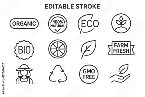 Symbols representing organic and eco-friendly products aimed at promoting health and sustainability in food and farming