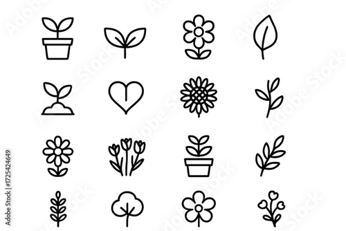 Colorful hand-drawn plant and flower icons in various styles and shapes for gardening themes and design projects