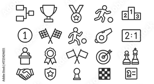 Symbols of sports and competition ranging from medals to trophies and chess pieces