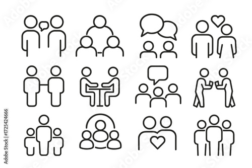 Various icons representing social interactions and relationships among people in simple line art style