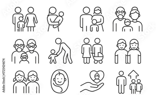 Family connections shown through simple line drawings representing love, care, and togetherness in various groupings and activities