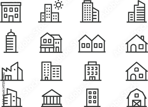 Different types of buildings illustrated in a simple style showcasing urban and rural architecture