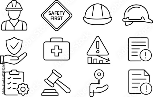 Safety symbols and tools displayed in a structured layout, highlighting workplace safety awareness and guidelines