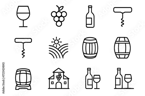 Illustrations of wine-related items including grapes, bottles, corks, and barrels in a simple line art style