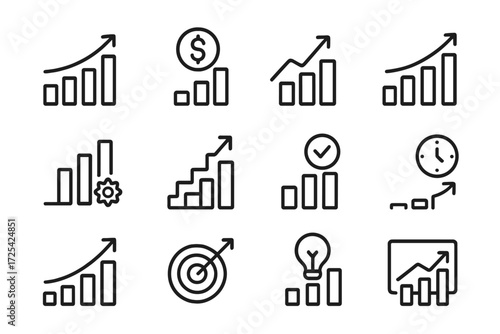 Various icons representing growth, progress, and success in business and finance displayed in a grid format