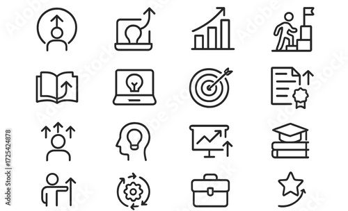 Icons representing growth, learning, and achievement in personal and professional development activities
