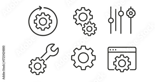 Design elements featuring various gear icons for technology and engineering concepts in a clean layout