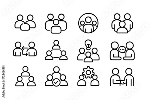 Collection of simple line icons depicting various collaborative activities and teamwork concepts in a modern design setting