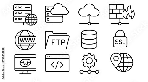 Icons representing various aspects of internet technology and cybersecurity in a clean, minimalist design suitable for digital use