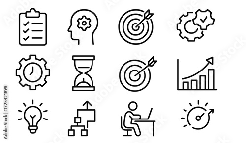 Creative design of productivity icons representing planning, focus, and growth in a modern work environment