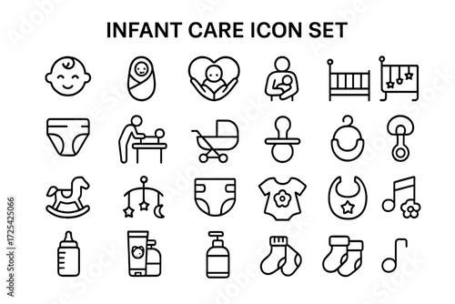 Icon set for infant care showcasing essential symbols for baby needs and activities in simple line art