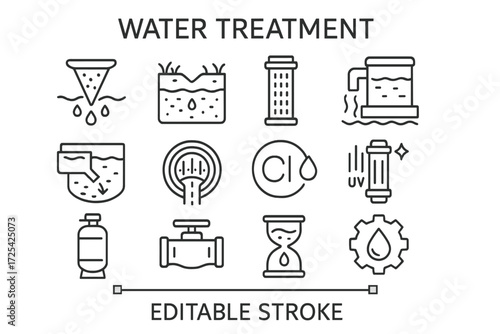 Various stages of water treatment process illustrated with minimalistic icons for educational purposes