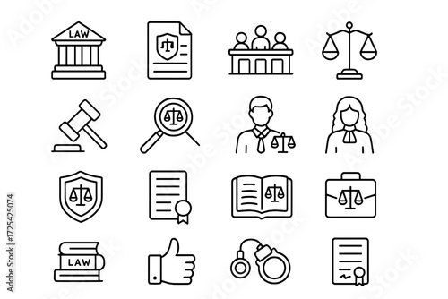 Law symbols representing justice, court procedures, legal documents, and legal professionals in a minimalist design