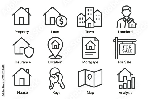 Real estate concepts illustrated with icons for property, loans, insurance, and more in a modern style