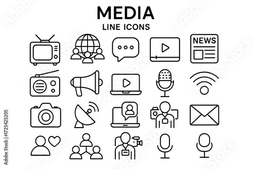 Collection of media line icons featuring various communication and technology symbols for digital content