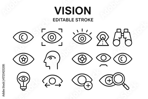 Collection of line art icons representing vision concepts and tools for clarity and understanding in various applications