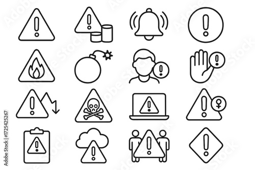 Collection of warning symbols featuring alerts, hazards, notifications, and danger icons for safety and caution