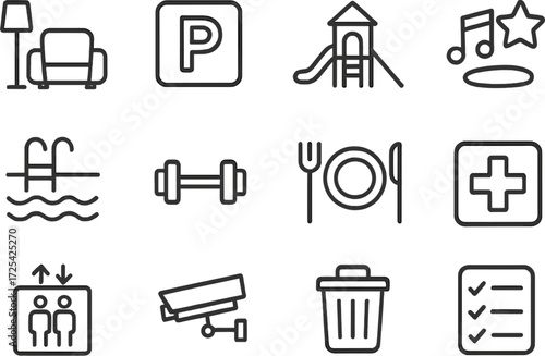 Visual guide to essential amenities for community spaces with various icons and symbols