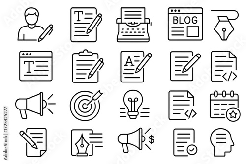 Various writing and blogging icons representing creativity and communication in digital content creation