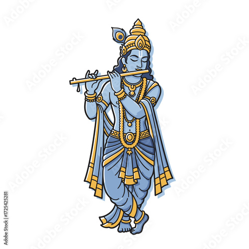 Lord Krishna Playing Flute Hindu God Illustration Isolated