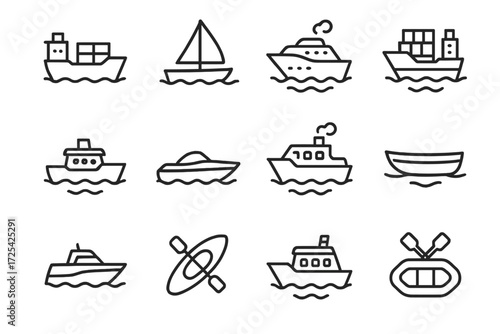 Various types of boats and ships illustrated in simple line art style on a white background