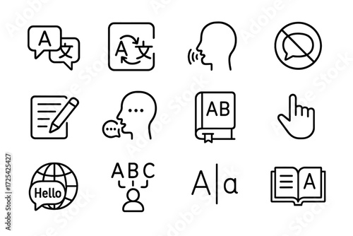 Language learning symbols and icons illustrating communication and translation methods