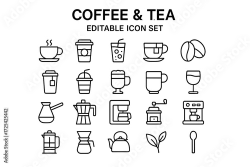 Collection of coffee and tea icons featuring various drinks and brewing equipment in a simple design