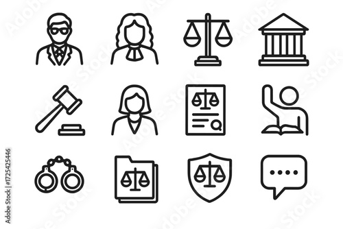 Legal symbols representing the justice system in a simple, modern style with icons for law and order