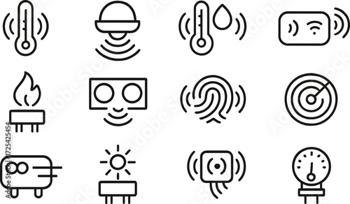 Collection of line icons representing various sensors including temperature, humidity, pressure, and motion for design use