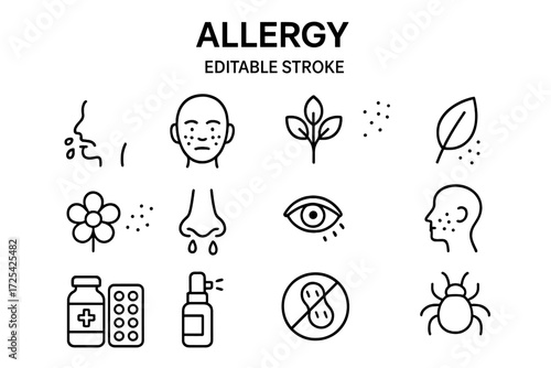 Various allergen icons and symptoms illustrated in simple line art style for health awareness
