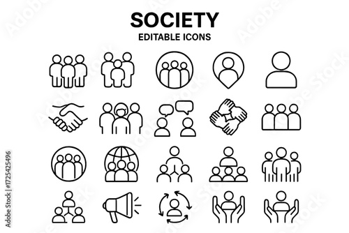 Icons representing social interactions and community concepts in a simple design suitable for various projects
